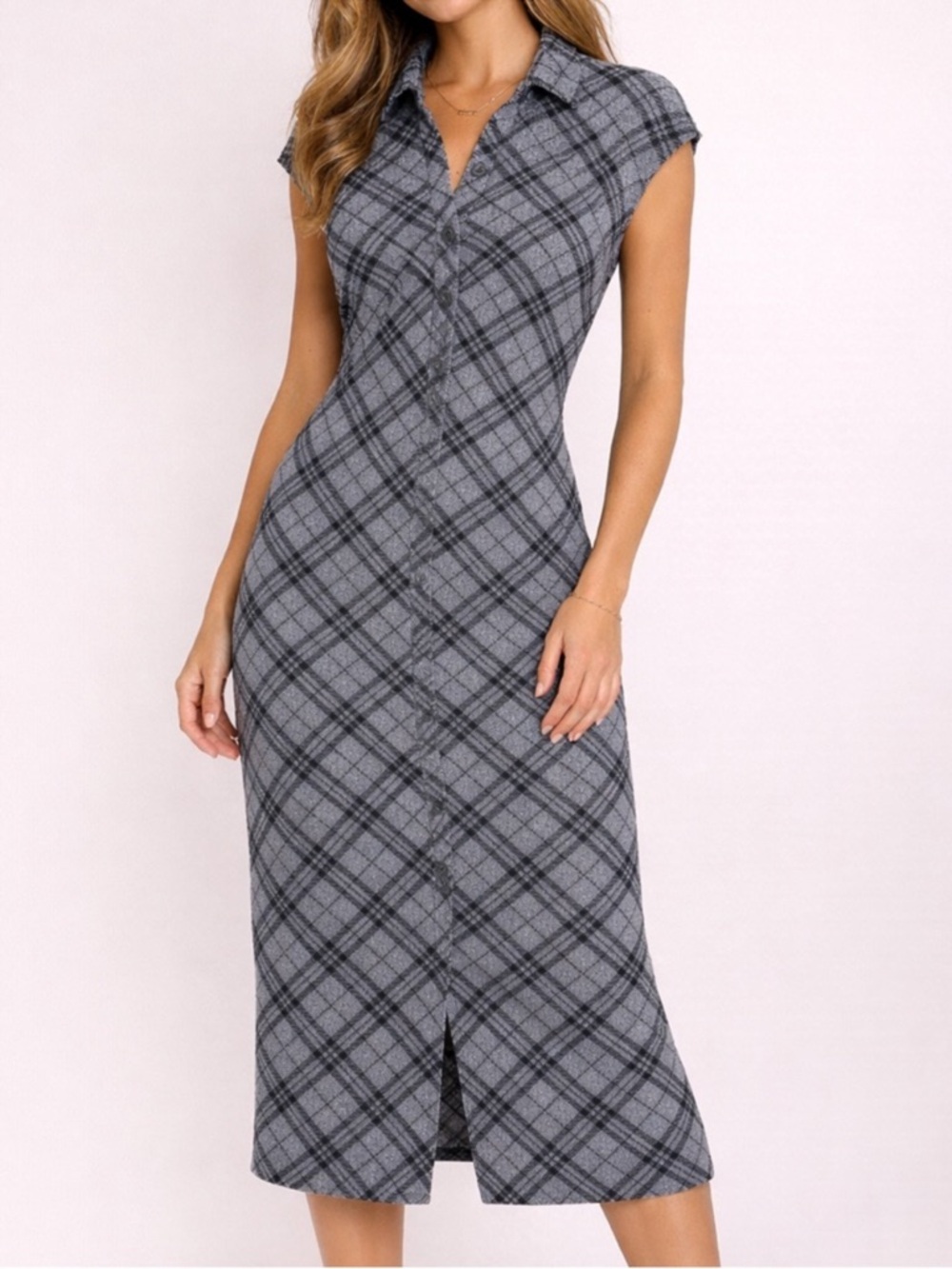 Gilli NWT gray black plaid shirt dress button front collared midi